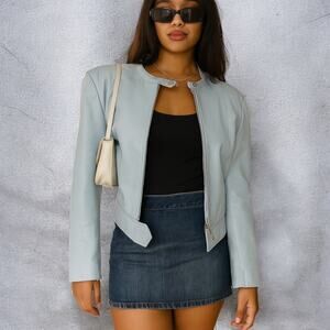 Vintage Y2K Garson Baby Blue Genuine Leather Minimalist Full Zip Jacket Large